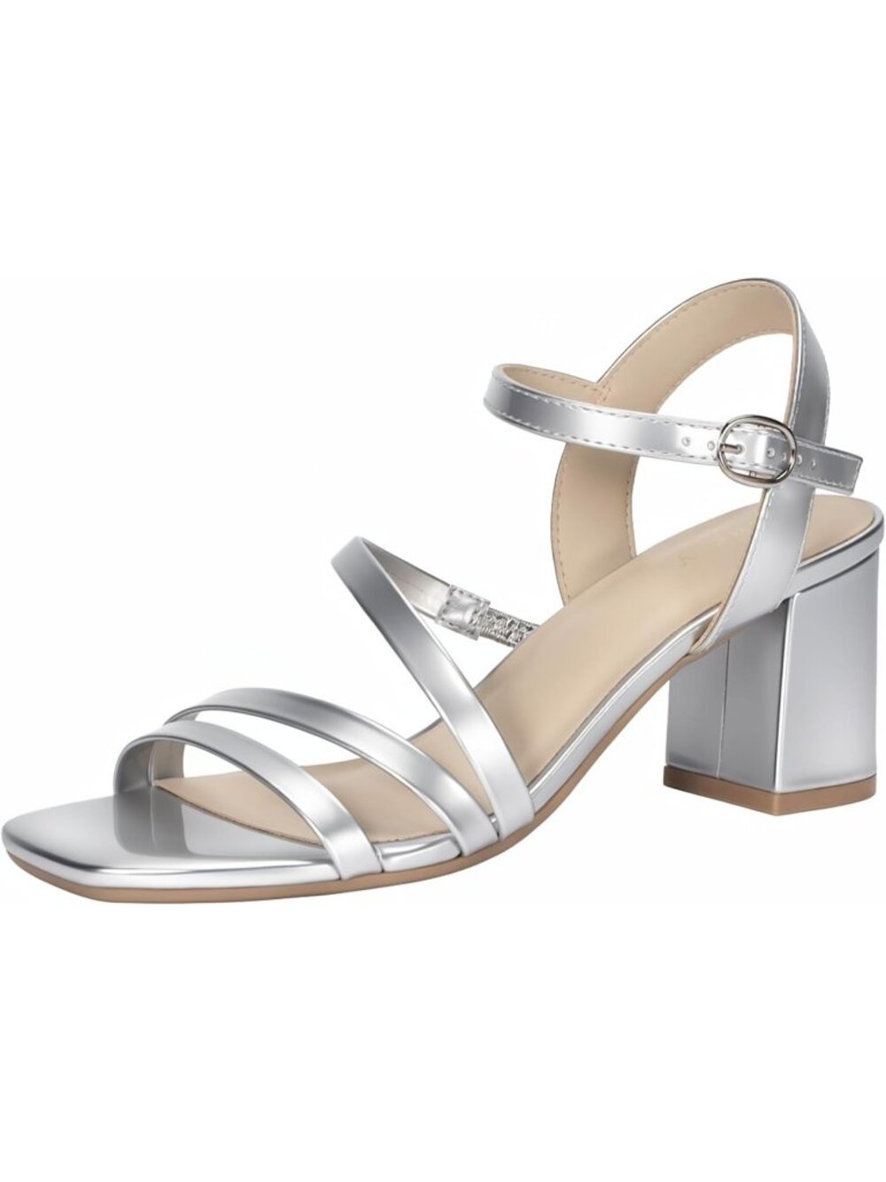 Women's Silver Square Open Toe Chunky Block Strappy Heeled Sandals For Wedding